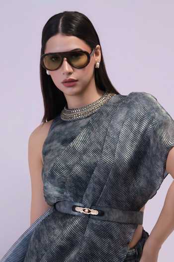 Preeti Mehta_Grey Georgette, Satin High Neck Smoke Steel Pre-draped Saree Set _at_Aza_Fashions