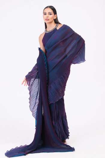Preeti Mehta_Blue Tissue Halter Neck Metallic Pleated Pre-draped Saree Set _Online_at_Aza_Fashions