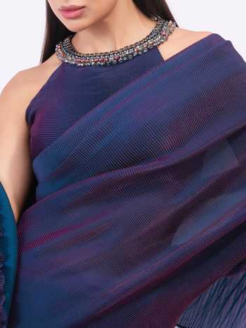 Preeti Mehta_Blue Tissue Halter Neck Metallic Pleated Pre-draped Saree Set _at_Aza_Fashions