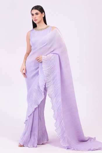 Preeti Mehta_Purple Georgette, Satin One Shoulder Amethyst Flow Pleated Pre-draped Saree Set _Online_at_Aza_Fashions