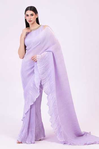 Buy_Preeti Mehta_Purple Georgette, Satin One Shoulder Amethyst Flow Pleated Pre-draped Saree Set _Online_at_Aza_Fashions