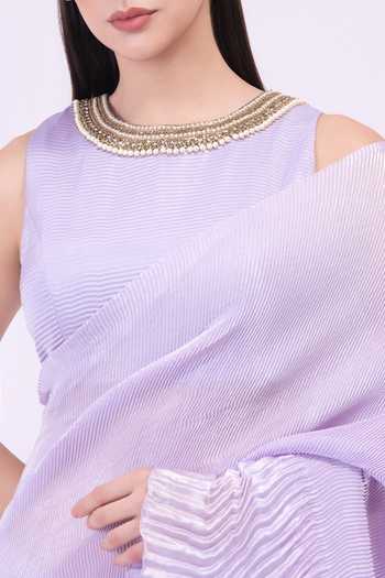 Preeti Mehta_Purple Georgette, Satin One Shoulder Amethyst Flow Pleated Pre-draped Saree Set _at_Aza_Fashions
