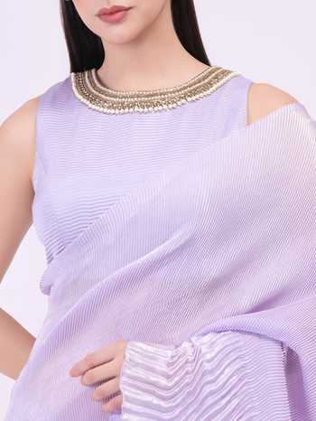 Buy_Preeti Mehta_Purple Georgette, Satin One Shoulder Amethyst Flow Pleated Pre-draped Saree Set 
