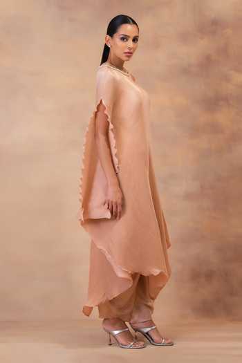 Preeti Mehta Peach Georgette, Satin Choker Neck Champagne Muse Draped Tunic With Dhoti Pant Online at Aza Fashions Preeti Mehta_Peach Georgette, Satin Choker Neck Champagne Muse Draped Tunic With Dhoti Pant _Online_at_Aza_Fashions