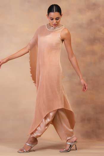 Buy Preeti Mehta Peach Georgette, Satin Choker Neck Champagne Muse Draped Tunic With Dhoti Pant Online at Aza Fashions Buy_Preeti Mehta_Peach Georgette, Satin Choker Neck Champagne Muse Draped Tunic With Dhoti Pant _Online_at_Aza_Fashions