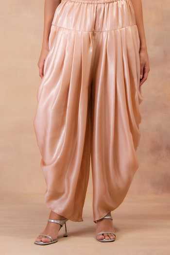 Shop Preeti Mehta Peach Georgette, Satin Choker Neck Champagne Muse Draped Tunic With Dhoti Pant Online at Aza Fashions Shop_Preeti Mehta_Peach Georgette, Satin Choker Neck Champagne Muse Draped Tunic With Dhoti Pant _Online_at_Aza_Fashions