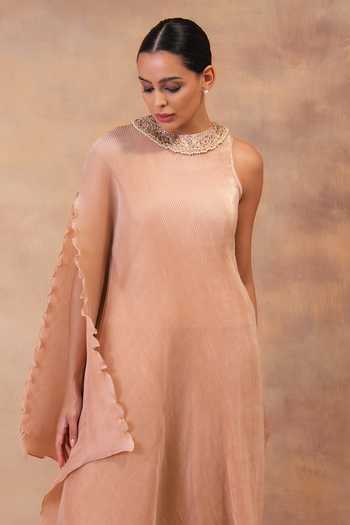 Preeti Mehta Peach Georgette, Satin Choker Neck Champagne Muse Draped Tunic With Dhoti Pant at Aza Fashions Preeti Mehta_Peach Georgette, Satin Choker Neck Champagne Muse Draped Tunic With Dhoti Pant _at_Aza_Fashions