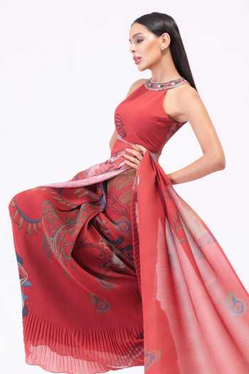 Shop Preeti Mehta Brown Georgette Halter Neck Brahmand Printed Pre-draped Saree With Blouse Online at Aza Fashions Shop_Preeti Mehta_Brown Georgette Halter Neck Brahmand Printed Pre-draped Saree With Blouse _Online_at_Aza_Fashions