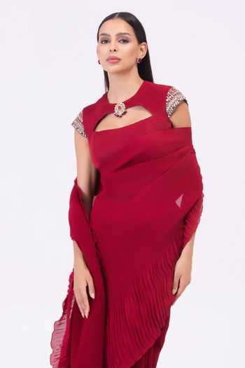 Preeti Mehta_Burgundy Georgette, Satin Cut-out Neck Mulberry Red Pre-draped Saree Set _Online_at_Aza_Fashions