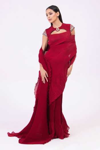Preeti Mehta Mulberry Red Pre-Draped Saree Set 
