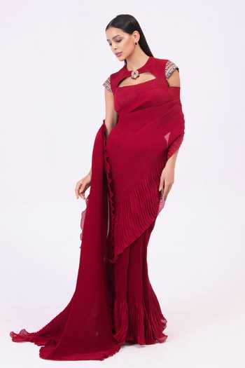 Buy_Preeti Mehta_Burgundy Georgette, Satin Cut-out Neck Mulberry Red Pre-draped Saree Set _Online_at_Aza_Fashions
