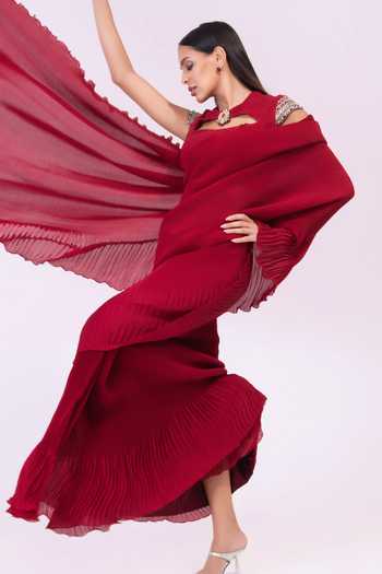 Shop_Preeti Mehta_Burgundy Georgette, Satin Cut-out Neck Mulberry Red Pre-draped Saree Set _Online_at_Aza_Fashions