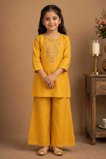 Buy Tatwa Yellow Silk, Cotton, Muslin Dori Embroidered Kurta Palazzo Set Online at Aza Fashions Buy_Tatwa_Yellow Silk, Cotton, Muslin Dori Embroidered Kurta Palazzo Set _Online_at_Aza_Fashions