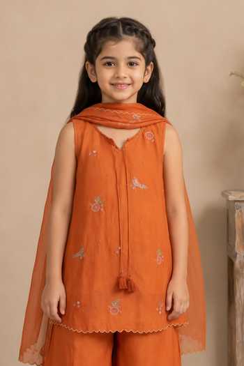 Tatwa Orange Silk, Cotton, Muslin Embroidered Kurta Palazzo Set Online at Aza Fashions Tatwa_Orange Silk, Cotton, Muslin Embroidered Kurta Palazzo Set _Online_at_Aza_Fashions