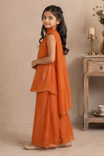 Shop Tatwa Orange Silk, Cotton, Muslin Embroidered Kurta Palazzo Set Online at Aza Fashions Shop_Tatwa_Orange Silk, Cotton, Muslin Embroidered Kurta Palazzo Set _Online_at_Aza_Fashions