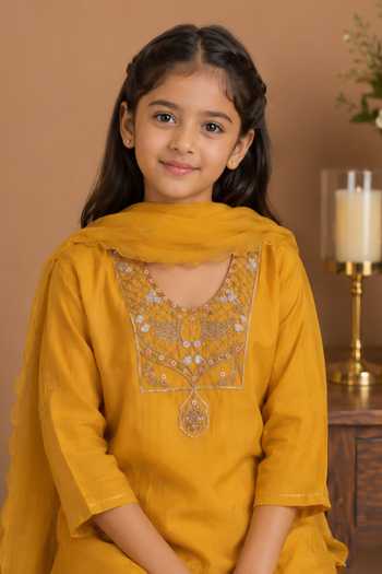 Shop Tatwa Yellow Silk, Cotton Embroidery Placement Kurta Palazzo Set Online at Aza Fashions Shop_Tatwa_Yellow Silk, Cotton Embroidery Placement Kurta Palazzo Set _Online_at_Aza_Fashions