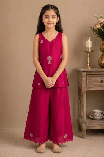 Shop Tatwa Pink Silk, Cotton Flower Embroidered Kurta Palazzo Set Online at Aza Fashions Shop_Tatwa_Pink Silk, Cotton Flower Embroidered Kurta Palazzo Set _Online_at_Aza_Fashions