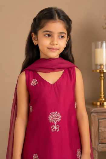Tatwa Pink Silk, Cotton Flower Embroidered Kurta Palazzo Set at Aza Fashions Tatwa_Pink Silk, Cotton Flower Embroidered Kurta Palazzo Set _at_Aza_Fashions