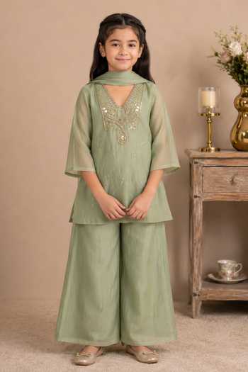 Buy Tatwa Green Silk, Cotton Floral Placement Embroidered Kurta Palazzo Set Online at Aza Fashions Buy_Tatwa_Green Silk, Cotton Floral Placement Embroidered Kurta Palazzo Set _Online_at_Aza_Fashions