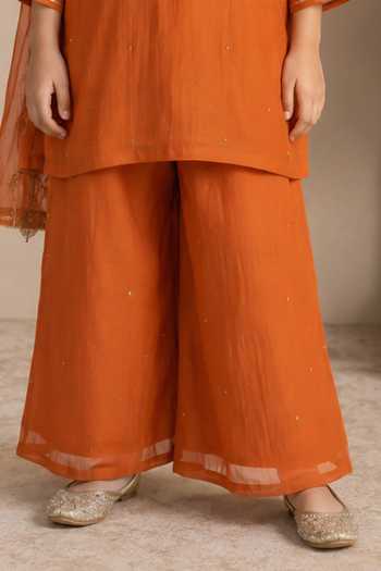Tatwa Orange Silk, Cotton Paisley Embroidered Kurta Palazzo Set Online at Aza Fashions Tatwa_Orange Silk, Cotton Paisley Embroidered Kurta Palazzo Set _Online_at_Aza_Fashions