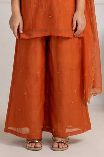 Tatwa Orange Silk, Cotton Placement Embroidered Kurta Palazzo Set Online at Aza Fashions Tatwa_Orange Silk, Cotton Placement Embroidered Kurta Palazzo Set _Online_at_Aza_Fashions