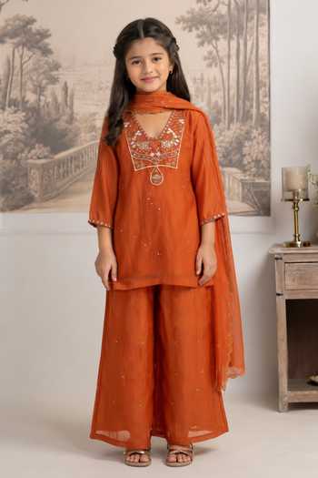 Buy Tatwa Orange Silk, Cotton Placement Embroidered Kurta Palazzo Set Online at Aza Fashions Buy_Tatwa_Orange Silk, Cotton Placement Embroidered Kurta Palazzo Set _Online_at_Aza_Fashions