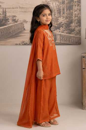 Shop Tatwa Orange Silk, Cotton Placement Embroidered Kurta Palazzo Set Online at Aza Fashions Shop_Tatwa_Orange Silk, Cotton Placement Embroidered Kurta Palazzo Set _Online_at_Aza_Fashions