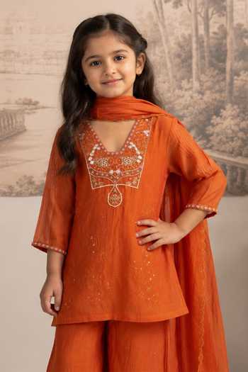 Tatwa Orange Silk, Cotton Placement Embroidered Kurta Palazzo Set at Aza Fashions Tatwa_Orange Silk, Cotton Placement Embroidered Kurta Palazzo Set _at_Aza_Fashions