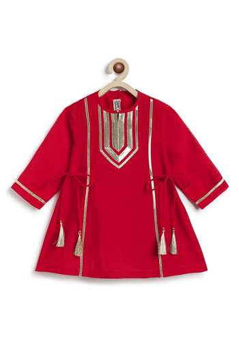 Shop Tiber Taber Red Viscose, Polyester, Cotton Gota Embellished Kurta And Salwar Set Shop_Tiber Taber_Red Viscose, Polyester, Cotton Gota Embellished Kurta And Salwar Set