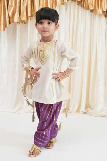 Shop_Tiber Taber_Ivory Viscose, Cotton Gota Work Kurta And Salwar Set 