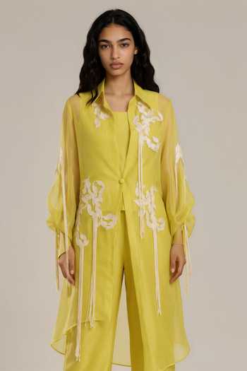 Shop Vanshika Agarwal Label Green Silk, Organza, Bemberg Square Neck Clover Embroidered Jacket And Pant Set Online at Aza Fashions Shop_Vanshika Agarwal Label_Green Silk, Organza, Bemberg Square Neck Clover Embroidered Jacket And Pant Set _Online_at_Aza_Fashions