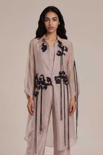 Buy Vanshika Agarwal Label Beige Silk, Organza, Bemberg Collared Neck, Clover Embroidered Jacket Pant Set Online at Aza Fashions Buy_Vanshika Agarwal Label_Beige Silk, Organza, Bemberg Collared Neck, Clover Embroidered Jacket Pant Set _Online_at_Aza_Fashions