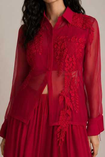 Vanshika Agarwal Label Red Organza, Satin Collared Neck Quince Embroidered Jacket And Pant Set Online at Aza Fashions Vanshika Agarwal Label_Red Organza, Satin Collared Neck Quince Embroidered Jacket And Pant Set _Online_at_Aza_Fashions