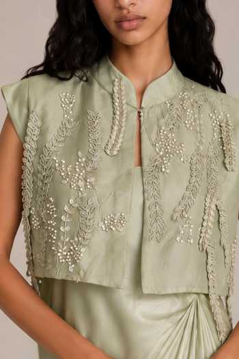 Buy Vanshika Agarwal Label Green Organza, Satin Mandarin Collar, High Dew Embroidered Jacket With Dress Online at Aza Fashions Buy_Vanshika Agarwal Label_Green Organza, Satin Mandarin Collar, High Dew Embroidered Jacket With Dress _Online_at_Aza_Fashions