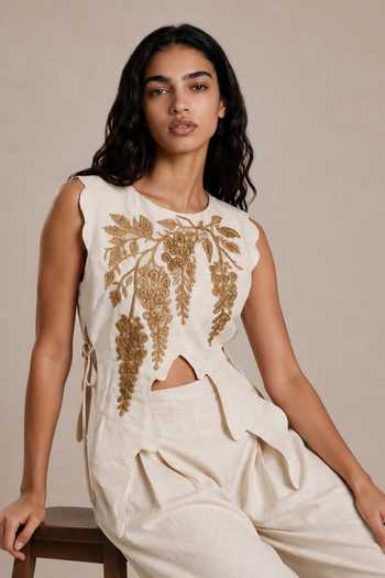 Buy Vanshika Agarwal Label Beige Cotton, Tissue Embroidery, Zari Round Neck Grove Overlay Pant Set Online at Aza Fashions Buy_Vanshika Agarwal Label_Beige Cotton, Tissue Embroidery, Zari Round Neck Grove Overlay Pant Set _Online_at_Aza_Fashions