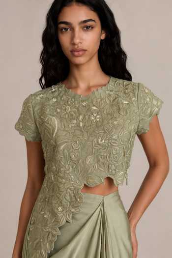 Vanshika Agarwal Label Green Silk, Satin, Bemberg Jasmine Embroidered Top And Skirt Set Online at Aza Fashions Vanshika Agarwal Label_Green Silk, Satin, Bemberg Jasmine Embroidered Top And Skirt Set _Online_at_Aza_Fashions