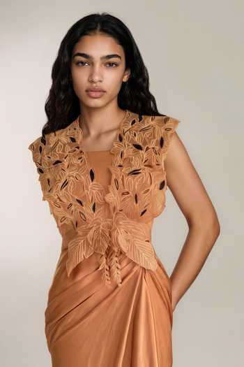 Buy Vanshika Agarwal Label Brown Organza, Satin Cut Work Square Neck Alder Embroidered Overlay With Dress Online at Aza Fashions Buy_Vanshika Agarwal Label_Brown Organza, Satin Cut Work Square Neck Alder Embroidered Overlay With Dress _Online_at_Aza_Fashions