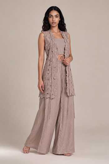 Vanshika Agarwal Label Grey Silk, Bemberg Open Neck, Juliette Embroidered Cutwork Jacket And Pant Set Online at Aza Fashions Vanshika Agarwal Label_Grey Silk, Bemberg Open Neck, Juliette Embroidered Cutwork Jacket And Pant Set _Online_at_Aza_Fashions
