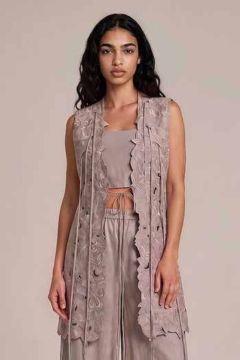 Buy Vanshika Agarwal Label Grey Silk, Bemberg Open Neck, Juliette Embroidered Cutwork Jacket And Pant Set Online at Aza Fashions Buy_Vanshika Agarwal Label_Grey Silk, Bemberg Open Neck, Juliette Embroidered Cutwork Jacket And Pant Set _Online_at_Aza_Fashions