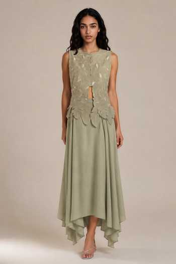 Vanshika Agarwal Label Green Silk, Organza, Bemberg Round Neck Birch Embroidered Jacket And Skirt Set Online at Aza Fashions Vanshika Agarwal Label_Green Silk, Organza, Bemberg Round Neck Birch Embroidered Jacket And Skirt Set _Online_at_Aza_Fashions
