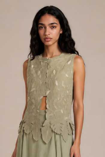 Shop Vanshika Agarwal Label Green Silk, Organza, Bemberg Round Neck Birch Embroidered Jacket And Skirt Set Online at Aza Fashions Shop_Vanshika Agarwal Label_Green Silk, Organza, Bemberg Round Neck Birch Embroidered Jacket And Skirt Set _Online_at_Aza_Fashions