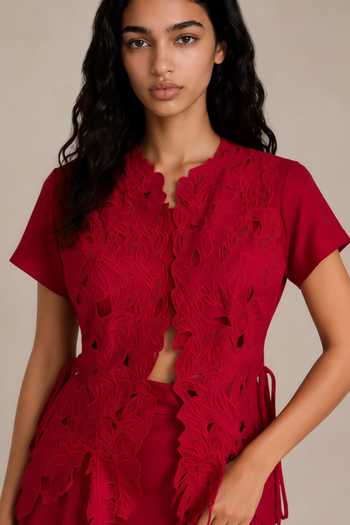 Buy Vanshika Agarwal Label Red Silk, Organza, Bemberg, Cotton Satin Leaf Birch Embroidered Jacket Skirt Set Online at Aza Fashions Buy_Vanshika Agarwal Label_Red Silk, Organza, Bemberg, Cotton Satin Leaf Birch Embroidered Jacket Skirt Set _Online_at_Aza_Fashions