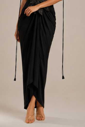 Vanshika Agarwal Label Black Organza, Satin Embroidery, Tassels Azalea Draped Dress With Overlay Online at Aza Fashions Vanshika Agarwal Label_Black Organza, Satin Embroidery, Tassels Azalea Draped Dress With Overlay _Online_at_Aza_Fashions