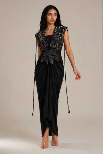Buy Vanshika Agarwal Label Black Organza, Satin Embroidery, Tassels Azalea Draped Dress With Overlay Online at Aza Fashions Buy_Vanshika Agarwal Label_Black Organza, Satin Embroidery, Tassels Azalea Draped Dress With Overlay _Online_at_Aza_Fashions