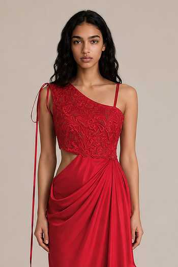 Vanshika Agarwal Label Red Silk, Satin, Bemberg One Shoulder Rosalia Embroidered Dress Online at Aza Fashions Vanshika Agarwal Label_Red Silk, Satin, Bemberg One Shoulder Rosalia Embroidered Dress _Online_at_Aza_Fashions