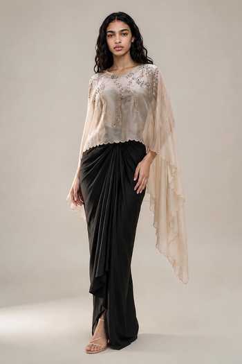 Vanshika Agarwal Label Iris Embroidered Overlay Draped Skirt Set 