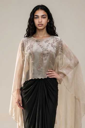 Vanshika Agarwal Label Ivory Organza, Satin Embroidery Round Neck Iris Overlay Draped Skirt Set Online at Aza Fashions Vanshika Agarwal Label_Ivory Organza, Satin Embroidery Round Neck Iris Overlay Draped Skirt Set _Online_at_Aza_Fashions