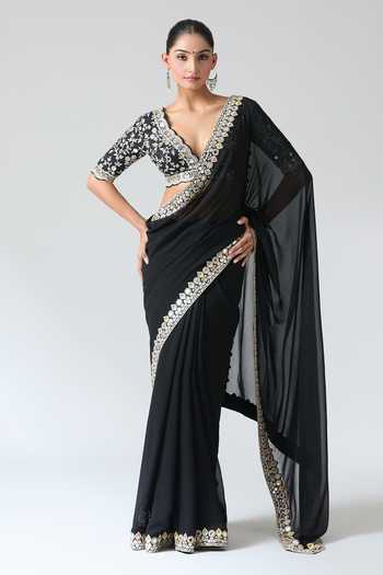 Gopi Vaid Black Mirror Work Saree & Blouse Set 