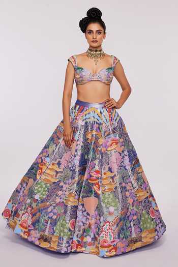 Buy Aisha Rao Blue Tissue Divergence Sweetheart Neck Applique Lehenga Set at Aza Fashions Buy_Aisha Rao_Blue Tissue Divergence Sweetheart Neck Applique Lehenga Set_at_Aza_Fashions