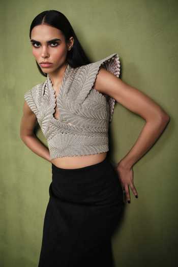 Shop Pankaj & Nidhi Multicolor Satin, Suede Cut Work, Wing Sleeves Encrusted Harness Top With Skirt at Aza Fashions Shop_Pankaj & Nidhi_Multicolor Satin, Suede Cut Work, Wing Sleeves Encrusted Harness Top With Skirt _at_Aza_Fashions
